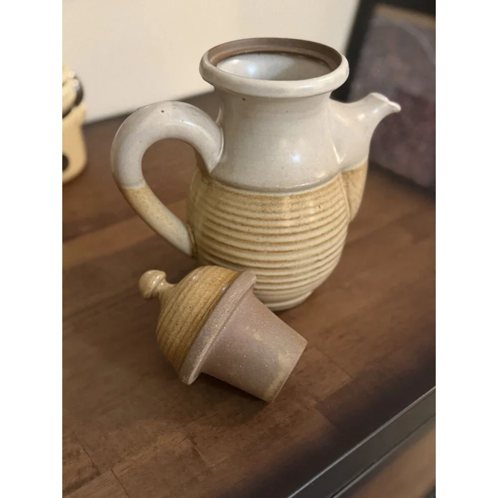 Overland Stoneware Beige/White Glossy Stoneware Coffee Pot w/ Lid & Handle
